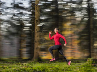 Aktive junge Frau beim Joggen im Wald - STSF03131