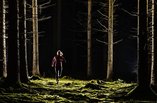 Junge Frau joggt nachts im Wald - STSF03134