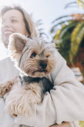 Frau mit Yorkshire Terrier an einem sonnigen Tag - OMIF00484