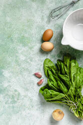 Studio shot of bowl, egg beater and various vegetables lying against green background - FLMF00782