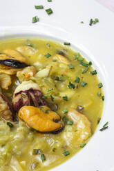 Draufsicht auf ein Gericht der typischen baskischen Küche: Seeteufel mit Tintenfisch, Garnelen und Muscheln in grüner Soße, garniert mit Petersilie - ADSF33493