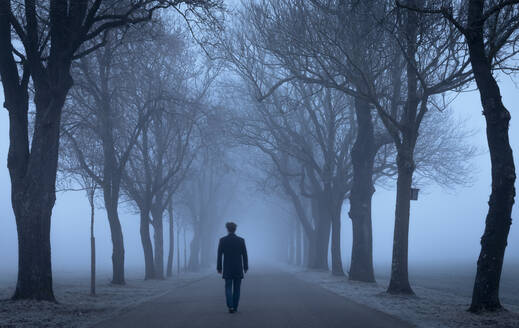 Mann geht auf der Straße inmitten von gespenstischen Bäumen - FCF02026