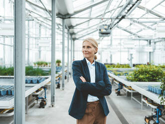 Confident biologist with arms crossed at plant nursery - JOSEF06635