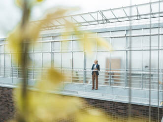 Businesswoman standing on balcony at office - JOSEF06672