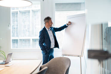 Geschäftsmann mit Hand in der Tasche schreibt auf Flipchart im Büro - JOSEF06860