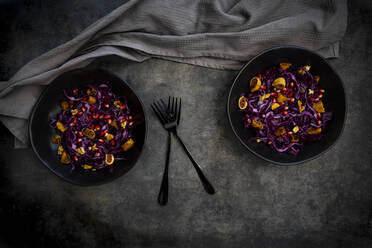 Studioaufnahme von zwei Schüsseln mit veganem Salat mit Rotkohl, Granatapfelkernen, getrockneten Feigen und Walnüssen - LVF09197