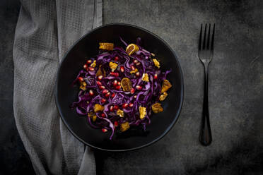 Studioaufnahme einer Schüssel mit veganem Salat mit Rotkohl, Granatapfelkernen, getrockneten Feigen und Walnüssen - LVF09200