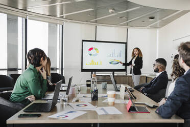 Young businesswoman explaining chart to colleagues in board room - EBBF05303