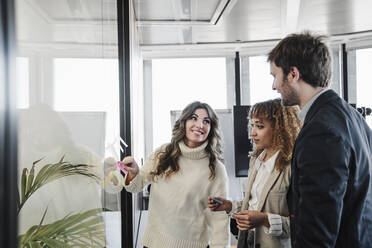 Smiling businesswoman explaining adhesive notes to colleagues in office - EBBF05344