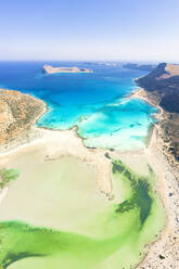 Aerial view of idyllic emerald green water of Balos lagoon and crystal sea, Crete island, Greek Islands, Greece, Europe - RHPLF21256