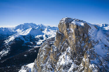 Aerial view of Sass de Stria mountain peak with Marmolada covered with snow in the background, Dolomites, Veneto, Italy, Europe - RHPLF21259