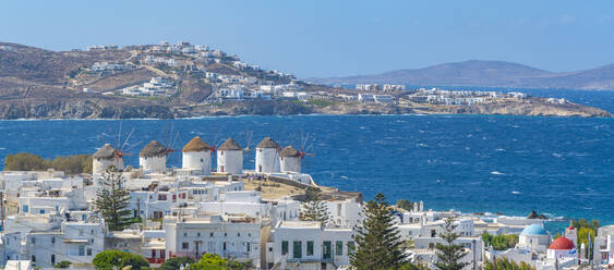 Elevated view of flour mills and town, Mykonos Town, Mykonos, Cyclades Islands, Greek Islands, Aegean Sea, Greece, Europe - RHPLF21611