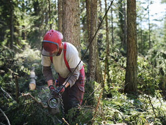 Junger Holzfäller bindet Seil an Baum im Wald - CVF01907