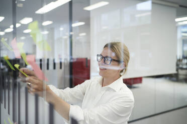 Smiling businesswoman sticking adhesive note on glass wall in office - JAHF00163