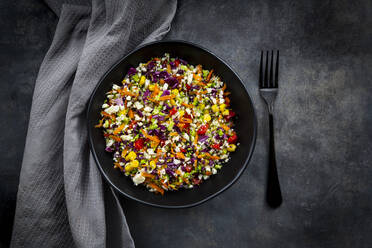 Studio shot of bowl of colorful vegan salad - LVF09207