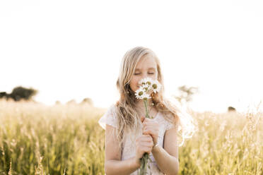 Niedliches Mädchen riecht an Gänseblümchen im Feld - ANF00021