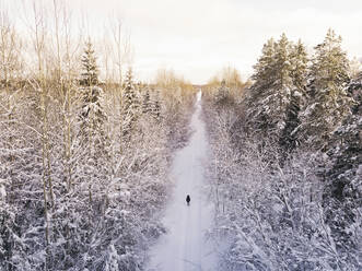 Luftaufnahme einer Wanderin, die im verschneiten Wald spazieren geht - KNTF06602