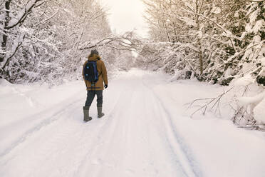 Männlicher Wanderer im schneebedeckten Wald - KNTF06608