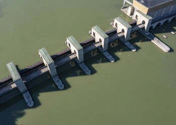 Germany, Bavaria, Untergriesbach, Drone view of Jochenstein hydroelectric power station - WWF06116