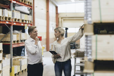 Female manger explaining senior businessman in factory warehouse - MASF28263