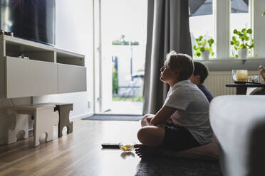 Geschwister sehen fern, während sie auf dem Teppich im Wohnzimmer zu Hause sitzen - MASF28287