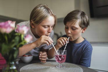 Brüder trinken Saft durch einen Strohhalm im Wohnzimmer - MASF28297