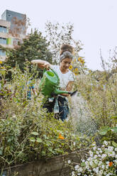Mid adult female environmentalist watering plants in garden - MASF28540