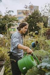 Junger männlicher Umweltschützer beim Gießen von Pflanzen im Gemeinschaftsgarten - MASF28579