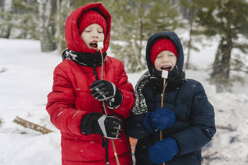 Jungen mit geschlossenen Augen essen Marshmallows im verschneiten Wald - SEAF00533