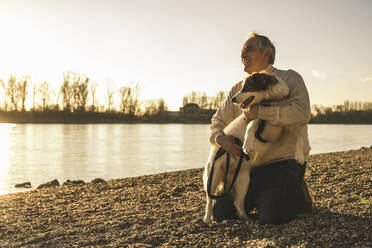 Lächelnder Mann mit Haushund am Strand bei Sonnenuntergang - UUF25612