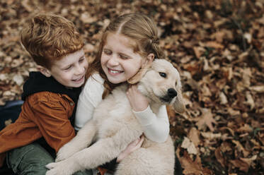 Happy girl embracing golden retriever puppy by brother on autumn leaves in forest - ELEF00045