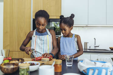 Pre-adolescent girl cutting pointed pepper by sister in kitchen - MFF08487