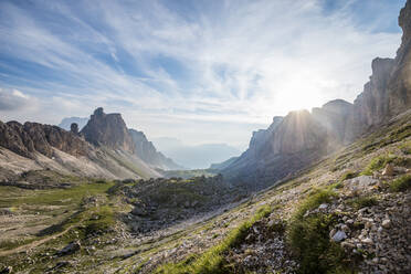 Italy, South Tyrol, View of Puez Group range at early summer sunset - EGBF00803