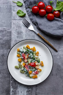 Studioaufnahme eines Tellers mit Gnocchi mit Gorgonzolakäse, Spinat und Tomaten - SARF04679