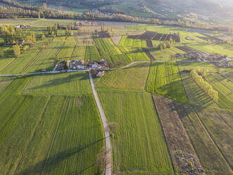 Italy, Umbria, Gubbio, Drone view of green countryside fields in spring - LOMF01331