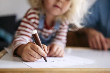 Junge zeichnet mit Filzstift auf Papier zu Hause - ASGF02129