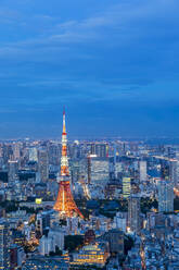 Japan, Kanto Region, Tokyo, City downtown at blue dusk with Tokyo Tower in foreground - FOF12883