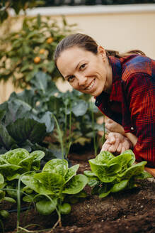 Lächelnde Frau lehnt bei frischen Salatpflanzen im Hofgarten - DMGF00654