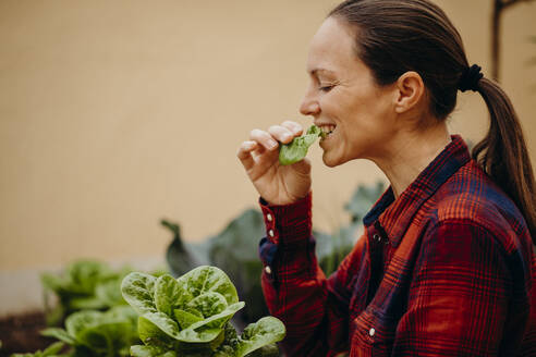 Frau mit geschlossenen Augen isst frischen Salat im Hofgarten - DMGF00670