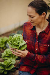 Frau sieht sich frischen Salat im Hofgarten an - DMGF00671