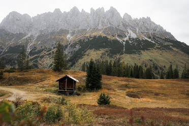 Kleine Holzhütte auf einem grasbewachsenen Berghang bei nebligem Herbstwetter in Österreich - ADSF33659
