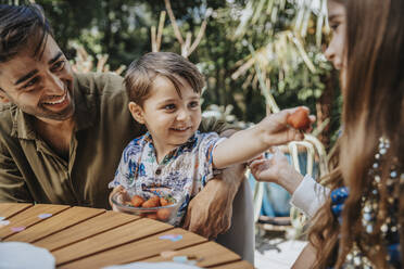 Boy sharing strawberries with his sister in back yard - MFF08575