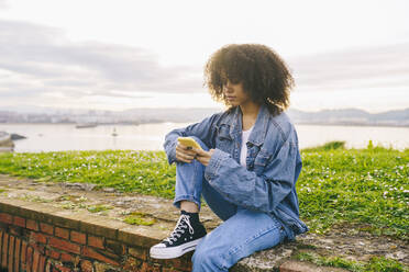 Young woman using mobile phone on wall in nature - DGOF02325