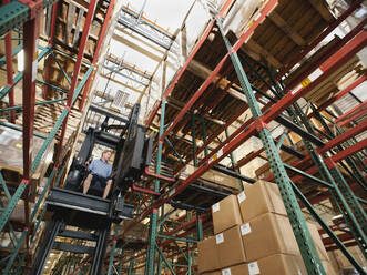 Forklift truck stacking boxes in warehouse - TETF00140