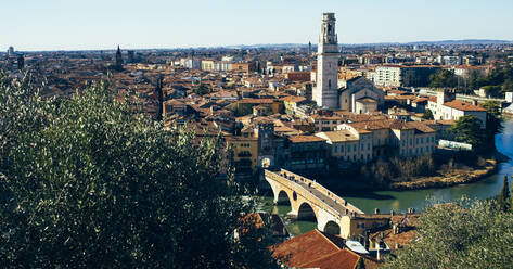 Italien, Venetien, Verona, Stadt am Fluss im Sommer mit Bogenbrücke im Vordergrund und Glockenturm im Hintergrund - GIOF14876