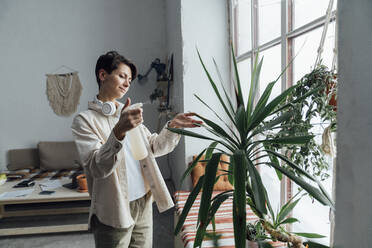 Entrepreneur spraying water on plants in ceramics store - VPIF05594