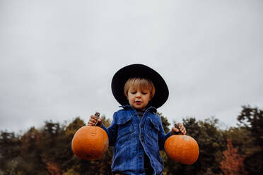 Junge mit Hut und Kürbissen im Herbst - CAVF95369