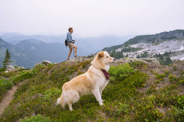 Fluffy dog and male hiker standing proud in the north cascades alpine - CAVF95624