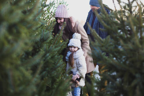 Eine glückliche Familie wählt den Weihnachtsbaum für die abendliche Feier aus - CAVF95700