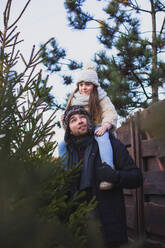 Vater mit Tochter suchen den Weihnachtsbaum auf dem Markt aus - CAVF95701